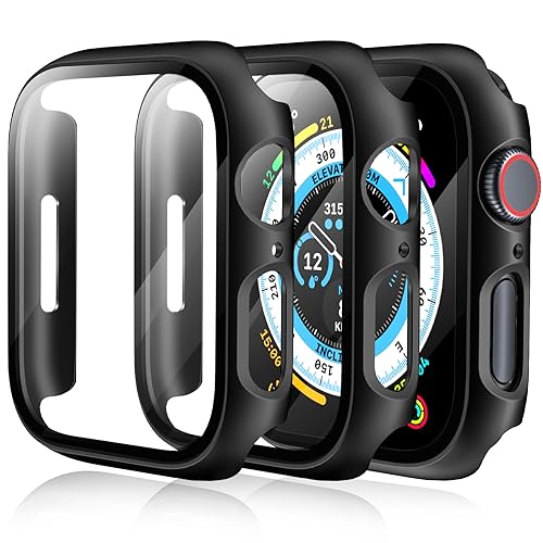 [3 Pack] Case for Apple Watch Series 9 Screen Protector 41mm Series 8 Series 7, EWUONU Hard PC Bumper Cover HD Tempered Glass Full Protective Case for iWatch Series 9/8/7 Accessories 41mm, Black