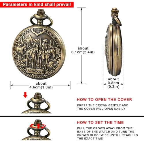 Tiong Pocket Watch Engraved Cowboy Arabic Numerals Quartz with Chain Gifts