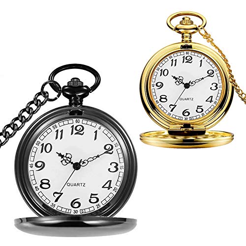 alladaga Set of 2 Classic Pocket Watch with Chain for Men and Women (Black Gold)