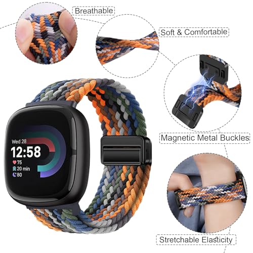 Braided Magnetic Bands Compatible with Fitbit Versa 4/Fitbit Versa 3/Sense 2/Sense 1,Soft Stretchy Elastic Nylon Sport Loop Strap for Women Men (Black)
