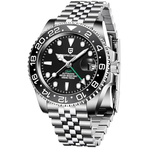 CADISEN Pagani Design GMT Fully Automatic Mechanical Men's Watch 40MM Date 100M Waterproof Stainless Steel Submersible Rotating Ceramic Bezel Men's Sports Watch PD-1662(Jubilee Black)