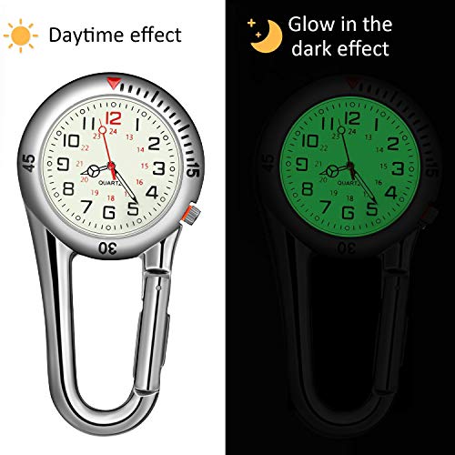 Hicarer 2 Pieces Clip on Quartz Watch Backpack Fob Belt Glow in The Dark Unisex Pocket Watch with White Dial for Doctors Nurses Outdoor Activities(Silver)