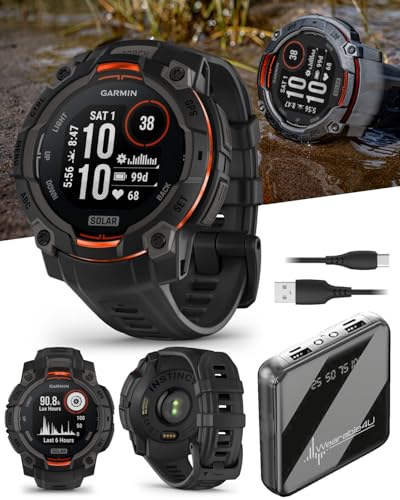 Wearable4U Garmin Instinct 3 Solar 45 mm, Rugged Outdoor GPS Smartwatch, Metal-Reinforced Bezel, Built-in Flashlight, Up to 28 Days of Battery Life, Black with Black Band Bundle