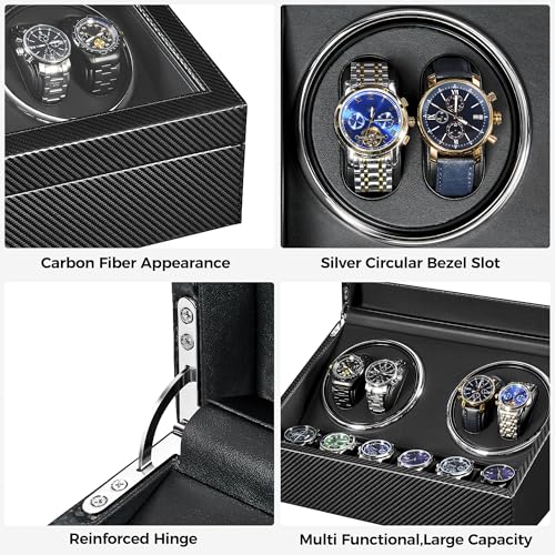 ANWBROAD Watch Winders for Automatic Watches, Automatic Watch Winder with 4 Watches Rotator and 6 Extra Storages, 4 Watch Winder with Japanese Quiet Motor, Carbon Fiber Watch Winders,UJWW012C
