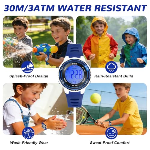 DTKID Digital Kids Watch 30 M Waterproof, 7 Color Lights Time Teaching Watch Easy to Read for Girls Boy 5-16