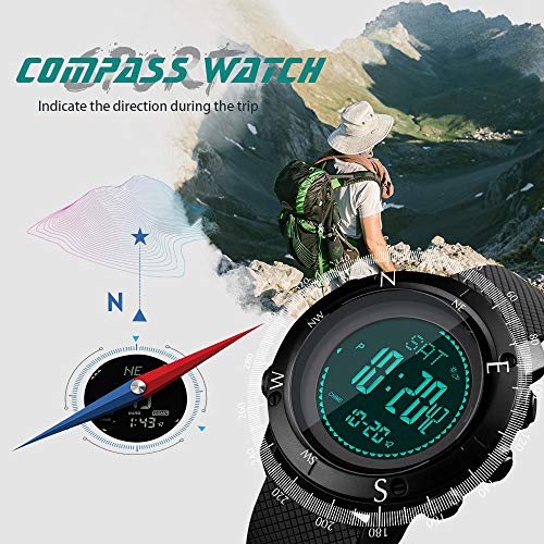 SKMEI Mens Compass Watch, Digital Sports Watch Pedometer Altimeter Barometer Temperature Military Waterproof Wristwatch for Men Women