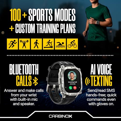 CARBINOX Edge Smart Watch Rugged, 1.96″ AMOLED, Stainless Steel, IP69K/5ATM Fitness trackers, Dual-Band GNSS, 500mAh, Bluetooth Calls, Smart Watch for Android Phones iOS (Black)
