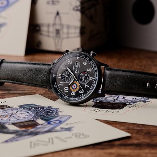 AVI-8 Hawker Hurricane Men's Pilot Watch – Classic Chronograph, Japanese Quartz Movement, 43.5mm Stainless Steel Case, Leather Strap, AV-4011-0D - Military Green