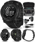 Wearable4U Garmin Instinct 3 Tactical Edition, Solar Charging Display, 45mm, Rugged Outdoor GPS Smartwatch, Applied Ballistics Support, LED Flashlight, Multi-Band GPS Black Earbuds Bundle