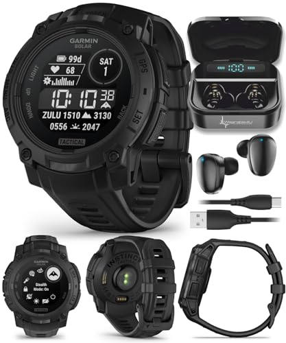 Wearable4U Garmin Instinct 3 Tactical Edition, Solar Charging Display, 45mm, Rugged Outdoor GPS Smartwatch, Applied Ballistics Support, LED Flashlight, Multi-Band GPS Black Earbuds Bundle