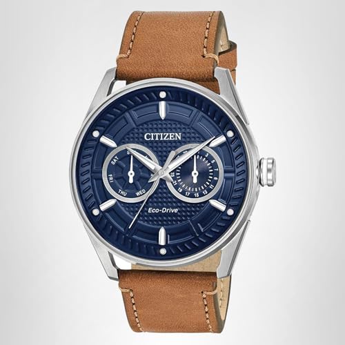 Citizen Men's Eco-Drive Weekender Watch in Stainless Steel with Brown Leather Strap, Blue Dial, 42mm (Model: BU4020-01L)