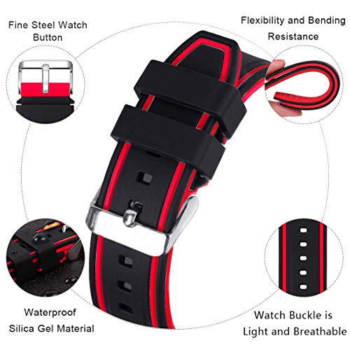Narako Silicone Watch Bands Divers Model Replacement Rubber Watch Strap 20mm 22mm 24mm 26mm Waterproof Line Bicolor Silver Buckle for Men and Women Sport (22mm, Red)