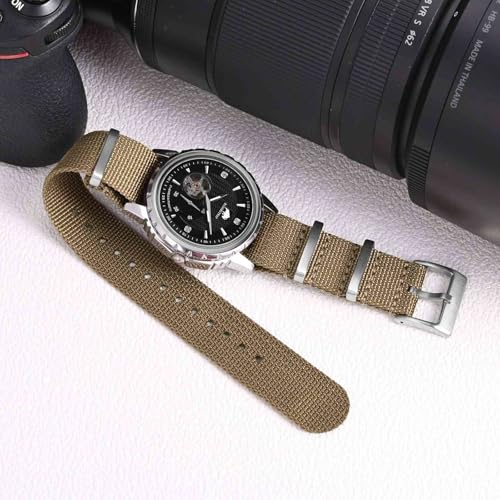 BISONSTRAP Nylon Watch Bands for Men, One-Piece Military Watch Straps, 20mm, Khaki Tan (Silver Buckle)