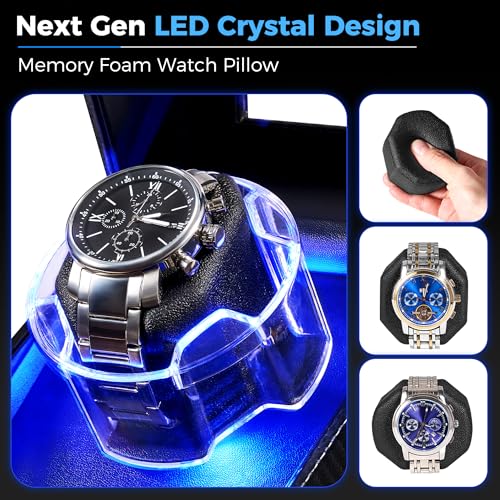 ANWBROAD Watch Winder for Automatic Watches, 4 Modes Single Automatic Watch Winder box with LED Crystal Design, Rotating Watch Case with Super Quiet Motor with Type-C Adapter,UJWW006C