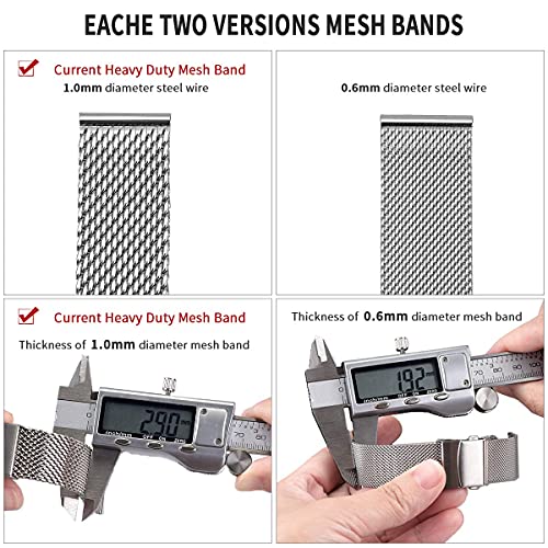 EACHE Stainless Steel Thick Mesh Watch Band For Men Heavy Duty Metal Mesh Watch Strap Adjustable Length Silver 20mm