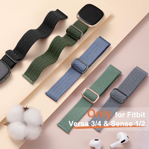 Maledan Sport Elastic Band Compatible for Fitbit Sense/Versa 3/Fitbit Versa 4/Sense 2 Bands Men Women, Breathable Nylon Stretchy Solo Loop Replacement Bands for Versa 3/ Versa 4, Black