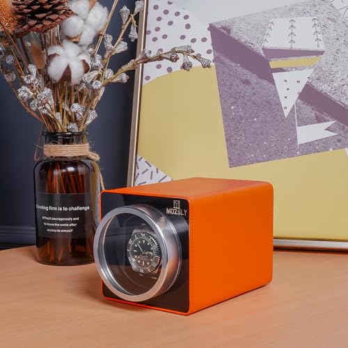 MOZSLY Single Watch Winder for Automatic Watches with Quiet Motor 12 Rotation Mode Setting Orange Leather