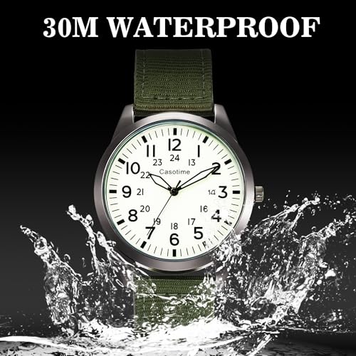 Casotime Tactical Military Watch for Men Field-Tested Analog Quartz with Green Luminous Dial 30M Water Resistant Black Case Green Nylon Band & Second Hand | Unisex Army Sport Wristwatch