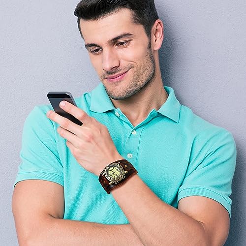 Avaner Men's Vintage Leather Watches: Retro Punk Wide Band Cuff Steampunk Analog Quartz Wrist Watch