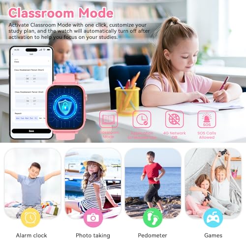 4G Kids Smart Watch Phone GPS, Smartwatch for Boys Girls Ages 4-12 Years with Video Call Chat Class Mode SOS Camera Alarm Games Parental App Touch Watch Gifts for Children (Includes SIM Card) Pink