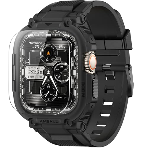 amBand Bands Case Screen Protector Compatible with Apple Watch Ultra 3/2/1 49mm for Men, M1 Sport Series Rugged Cover Strap and 9H Tempered Glass, Military Protective Bumper for iWatch 49 mm Men Black