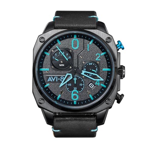 AVI-8 Mens 45mm Hawker Hunter Retrograde Chronograph Blue Diamond Japanese Quartz Pilot Watch with Leather Strap AV-4052-05