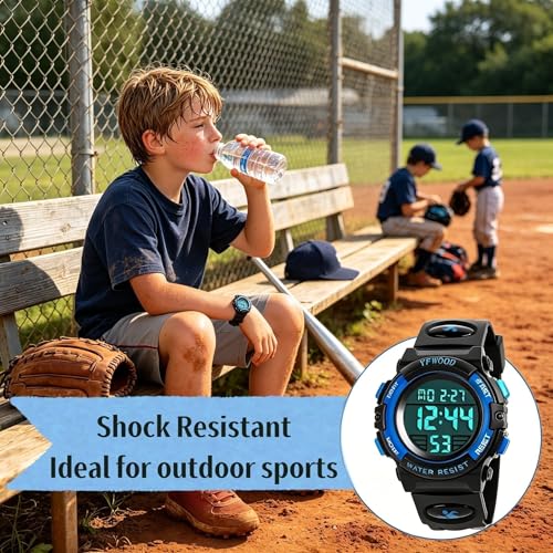 YFWOOD Kids Digital Watch for Boys 5-15, Toddler Watch Waterproof Outdoor Sport Watches, Children Electronic Analog Quartz Wrist Watches with Silicone Band Luminous Alarm Stopwatch, Christmas Birthday Gift for Kids