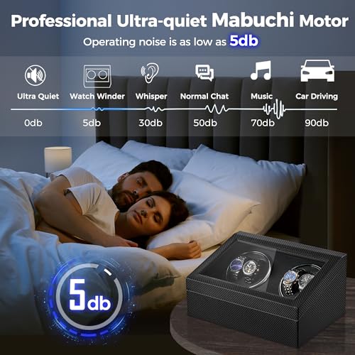 BEWISHOME Watch Winders for Automatic Watches, 4 Watch Winder and 6 Storage Case with Quiet Japanese Motor, Automatic Watch Winder Box Watch Rotator with Type-C Adapter, Carbon Fiber SYQ31C