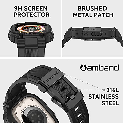 amBand Bands Case Screen Protector Compatible with Apple Watch Ultra 3/2/1 49mm for Men, M1 Sport Series Rugged Cover Strap and 9H Tempered Glass, Military Protective Bumper for iWatch 49 mm Men Black