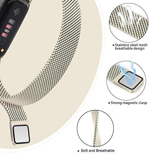 Vanjua for Fitbit Inspire 3 Bands Women Men, Stainless Steel Metal Mesh Loop Adjustable Magnetic Wristband Replacement Straps Compatible with Fitbit Inspire 3 Fitness Tracker (Champagne Gold)