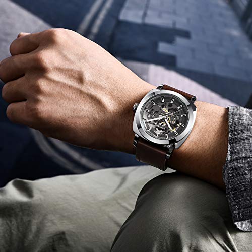 BENYAR Men's Automatic Mechanical Watch Leather Strap Gold Movement 45mm Skeleton Dial Water Resistant Scratch Resistant Elegant Gift for Men, Grey 1, Strap
