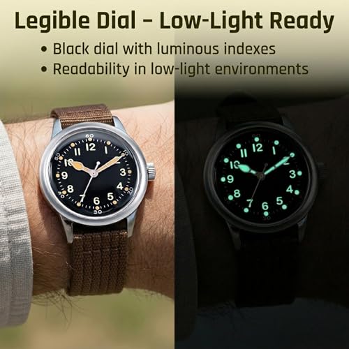 PRAESIDUS A-11 Military Watch | Automatic WW2 Field Watch for Men | 42mm Stainless Steel Case with Black Dial & Brown Nylon Strap and 100M Water Resistance, Assembled in USA