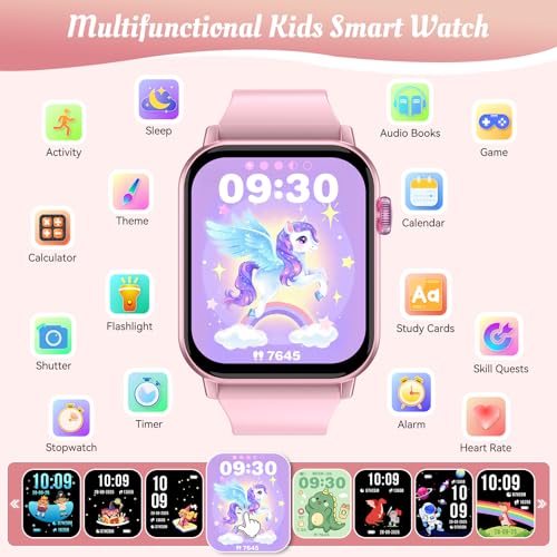 ganopterygon Smart Watch for Kids, 12 Puzzle Games HD Touch Screen Watches, Step Counter, Heart Rate and Sleep Monitor, Flashlight, 12/24 hr Educational Toys Birthday Gifts for Girls Ages 6-12 (Pink)