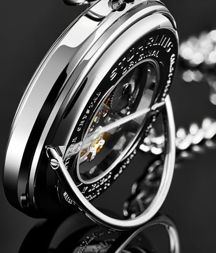 Stuhrling Original Men’s Pocket Watch Mechanical Skeleton Dial Hand Wind Stainless Steel Chain Dual-Sided Display Analog Vintage Style Timepiece No Battery Watch