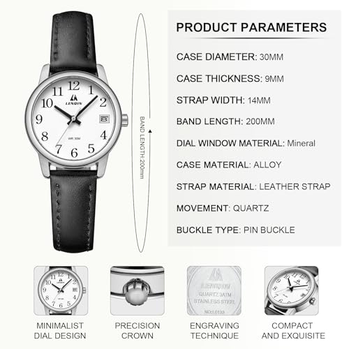 LN LENQIN Ladies Watches Analog Quartz Watch for Women Waterproof Women's Wrist Watches Easy Reader Womens Watch with Leather Strap（Black Silver White）