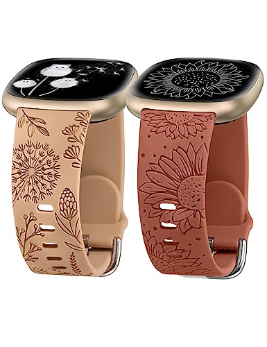 Minyee 2 Packs Floral Engraved Band Compatible with Fitbit Versa 4/Versa 3/Sense 2/Sense Band Women, Cute Silicone Dandelion Sunflower Design Soft Sport Fancy Summer Strap for Versa 4