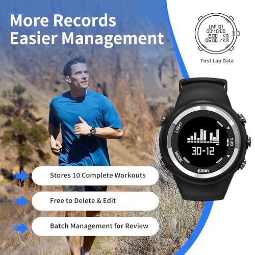 EZON GPS Running Watch with Distance Pace Alarm and Calorie Counter and Stopwatch for Men T031B01 Black