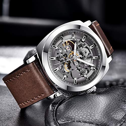BENYAR Men's Automatic Mechanical Watch Leather Strap Gold Movement 45mm Skeleton Dial Water Resistant Scratch Resistant Elegant Gift for Men, Grey 1, Strap