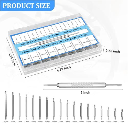 360Pcs 8-25mm Watch Band Pins, Diameter 1.5mm Watch Band Spring Bar Link Pins with Strap Link Pin Remover Tool, Watch Repair Kit for Most Kinds of Stainless Steel Watch