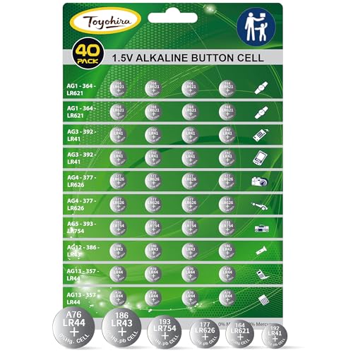 40pcs High Power Super Alkaline Button Cell astd 1.5V Watch Batteries Incl. AG1(LR621,364)*8,AG3(LR41,392)*8, AG4(LR626,377)*8,AG5(LR754, 393)*4,AG12(LR43,386)*4,AG13(LR44,357)*8 for thermometer clock