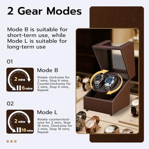 Mcbazel Watch Winder for Automatic Watches, Double Automatic Watch Winder Box with Quiet Japan-made Motor, Automatic Watch Display Storage Rotation Wristwatch Box with 2 Slots (Brown PU Leather)