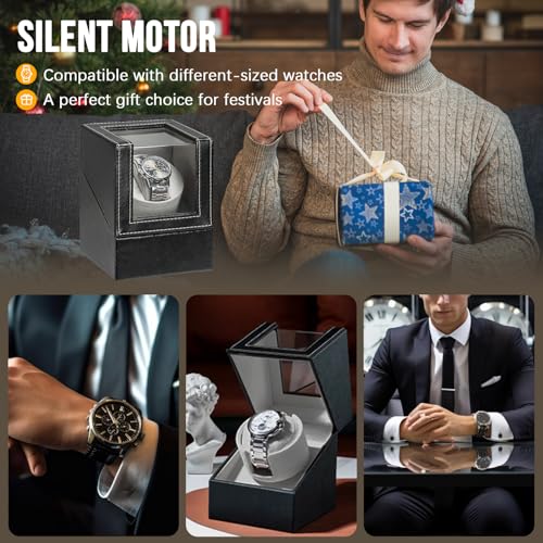 FLKQC Single Watch Winder for Automatic Watches | Black Leather Watch Display Case Storage Box | Fits Lady and Man Automatic Watch, AC Adapter or Battery Powered Watch Storage Box
