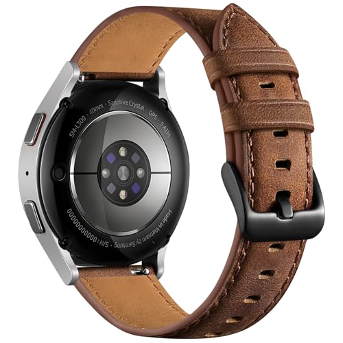 Leather Strap Compatible with Samsung Galaxy Watch 7 6 5 4 Band/Galaxy Watch 5 Pro Bands/6 4 Classic Band, 20mm Top Grain Brown Genuine Leather Wristband for Samsung Watch Bands 44mm 40mm Men Women