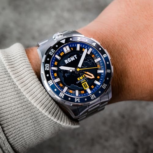 RGMT Men's 46mm Globemaster GMT Automatic Mission Blue Watch with Solid Stainless Steel Bracelet RG-8067-44