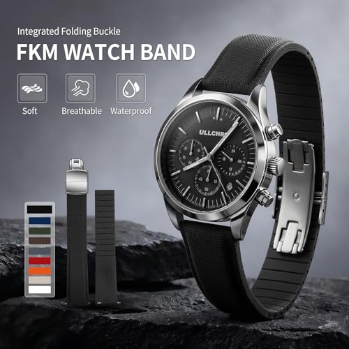ULLCHRO FKM Rubber Watch Strap 20mm, Quick Release Watch Band 22mm for Men Women, Waterproof Soft Premium Fluororubber Cut to Size 18mm 19mm 21mm 23mm 24mm Deployment Clasp (20mm, Black)