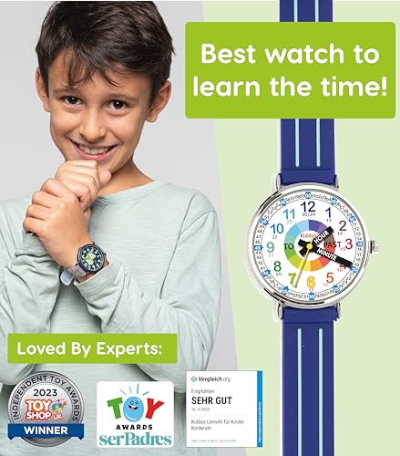 Kiddus Educational Kids Watch for Children, Boys and Girls. Analogue Time Teacher Wristwatch with Exercises. Handles Blue