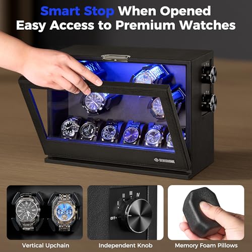 BEWISHOME Watch Winders for Automatic Watches, 4 Watch Winder and 6 Watch Display Case with Led Light 4 Modes, Automatic Watch Winder Box with Japanese Quiet Motor USB-C Adapter, Black SYQ04B