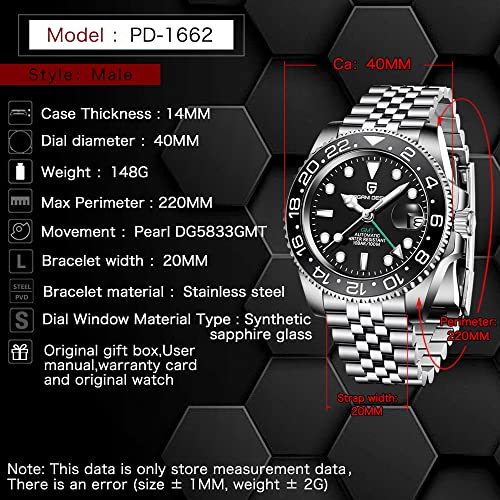 CADISEN Pagani Design GMT Fully Automatic Mechanical Men's Watch 40MM Date 100M Waterproof Stainless Steel Submersible Rotating Ceramic Bezel Men's Sports Watch PD-1662(Jubilee Black)