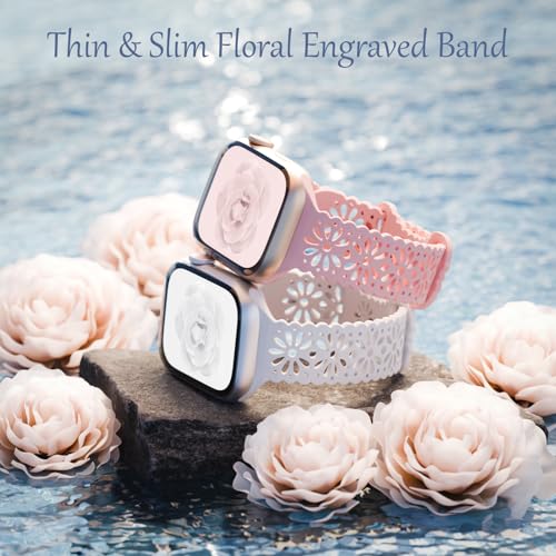 Slim Lace Hollow-out Silicone Bands Compatible with Apple watch Band for Women 38mm 40mm 41mm 42mm 44mm 45mm 46mm 49mm, Soft Thin Floral Engraved Strap for iWatch Series 11 10 9 8 7 6 5 4 3 SE Ultra
