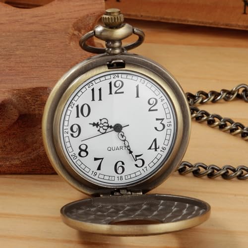 Bronze Hollowed Out Roman Covered Quartz Pocket Watch for Men, Arabic Numerals White Dial Pocket Watches for Men, Men's Quartz Pocket Watch with Chain -Bronze
